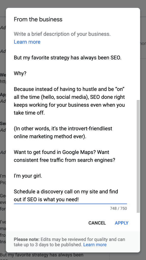 My business description in Google My Business