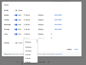 Adding hours in Google My Business