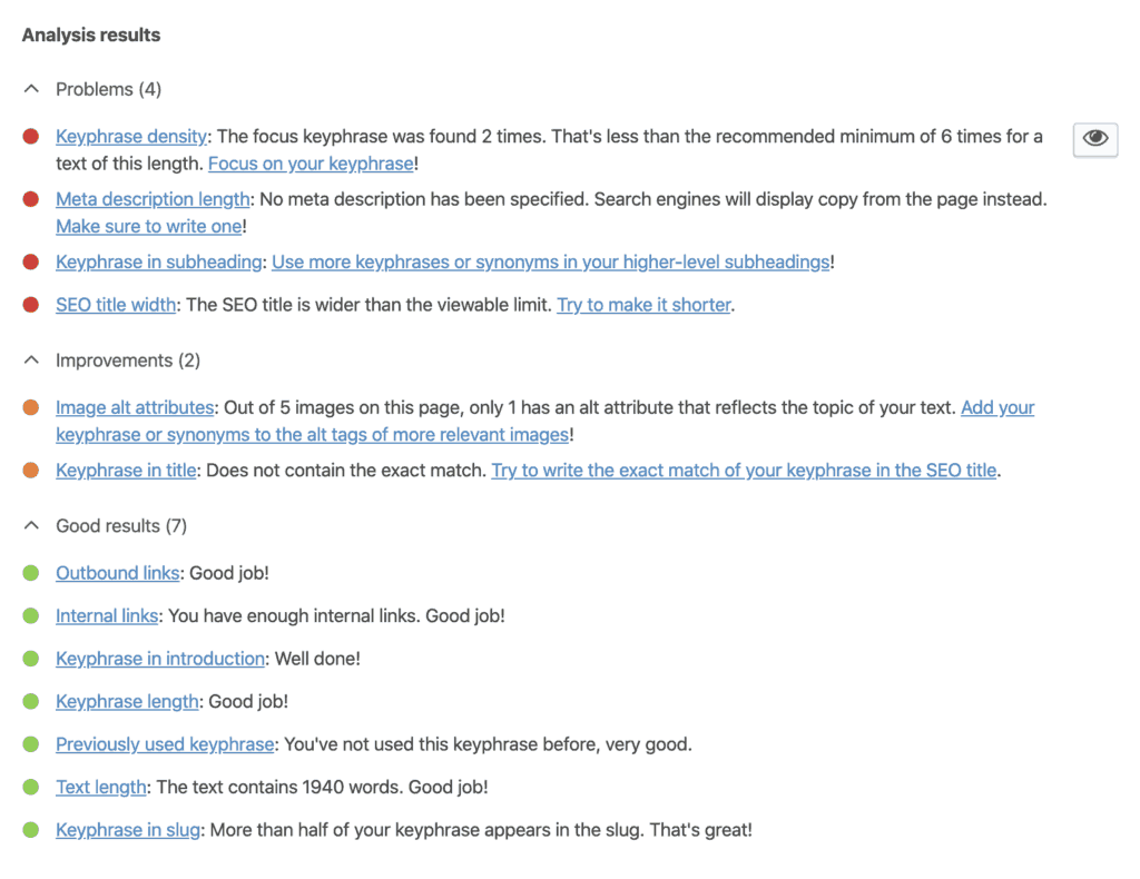 Yoast SEO plugin's green light analysis